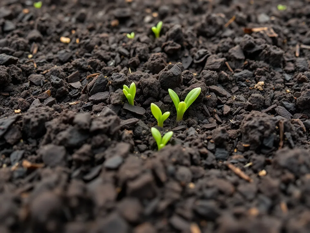Close up of rich dark soil with small green sprouts, agricul