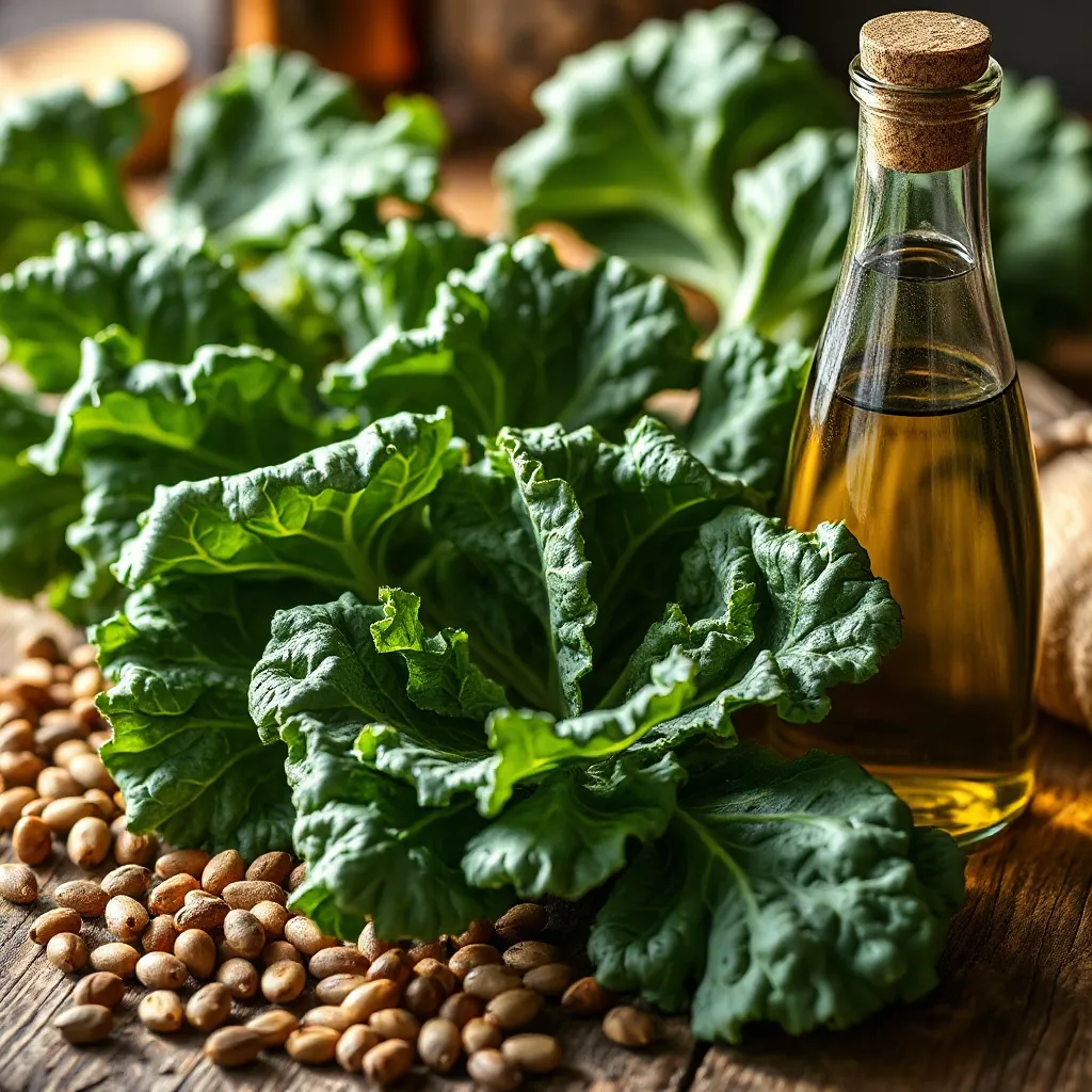 Close-up of fresh Tuscan kale, extra virgin olive oil in a g